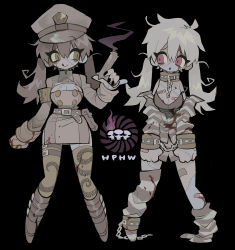 Rule 34 | 2girls, :q, absurdres, armband, bandaid, black background, blood, blood on clothes, blood on face, boots, breasts, buttons, chain, cleavage, cuffs, full body, gun, hair between eyes, handcuffs, handgun, hat, highres, holding, holding gun, holding weapon, long hair, long sleeves, medium breasts, messy hair, multiple girls, off shoulder, original, parted lips, patchwork skin, prison clothes, simple background, smoke, smoking barrel, striped clothes, striped thighhighs, tank top, thigh strap, thighhighs, tongue, tongue out, tonkatsu184, twintails, weapon