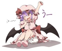 Rule 34 | 1girl, arm up, back bow, bat wings, bloomers, blush, bow, dress, fang, full body, hair between eyes, hat, looking at viewer, mob cap, pink dress, purple hair, red eyes, remilia scarlet, rokugou daisuke, shadow, simple background, sitting, sleepy, solo, squeans, touhou, underwear, wavy mouth, white background, wings, yawning