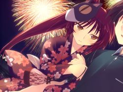 Rule 34 | 00s, 1girl, amazuyu tatsuki, arm hug, bag, black hair, blush, bow, brown eyes, cat mask, closed mouth, collared shirt, couple, cowboy shot, dutch angle, faceless, faceless male, fireworks, floral print, game cg, hair between eyes, hetero, holding, japanese clothes, kimono, kouno takaaki, kousaka tamaki, light smile, long hair, long sleeves, looking at another, mask, mask on head, mitsumi misato, naughty face, night, night sky, outdoors, parted bangs, pocket, red hair, shirt, short hair, sky, smile, solo, solo focus, surprised, to heart (series), to heart 2, twintails, upper body, water, wide sleeves, zipper
