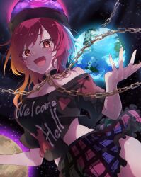 Rule 34 | 1girl, black background, black shirt, breasts, chain, cleavage, clothes writing, daiwa uho, earth (ornament), hecatia lapislazuli, highres, looking at viewer, midriff, miniskirt, moon (ornament), open mouth, plaid, plaid skirt, puffy short sleeves, puffy sleeves, red eyes, red hair, shirt, short hair, short sleeves, skirt, smile, solo, touhou, underworld (ornament), upper body