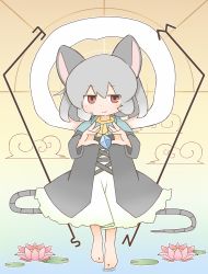 Rule 34 | amakaeru, animal ears, cloud, flower, gem, gradient background, grey hair, highres, lily (flower), lily pad, mouse tail, nazrin, red eyes, smile, tail, touhou