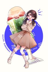 Rule 34 | 1girl, amema ama, black hair, brown shirt, brown skirt, commentary request, cream soda, fang, food-themed hair ornament, frilled socks, frills, fukumaru koito, full body, hair ornament, hairclip, highres, idolmaster, idolmaster shiny colors, kneehighs, loafers, long hair, long sleeves, low twintails, miniskirt, oversized food, oversized object, purple eyes, shirt, shoes, skin fang, skirt, socks, solo, swept bangs, twintails