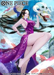 Rule 34 | 1girl, animal, black hair, boa hancock, cloud, copyright name, dress, earrings, ekusiun, eyelashes, floating hair, forked tongue, hand on own hip, high heels, jewelry, leg up, long dress, looking at viewer, official art, one piece, one piece card game, purple dress, salome (one piece), side slit, skull, sky, sleeveless, sleeveless dress, snake, snake earrings, tongue
