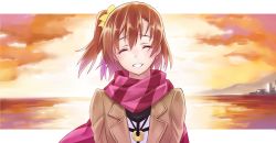 Rule 34 | 10s, 1girl, brown hair, closed eyes, jacket, jewelry, kosaka honoka, love live!, love live! school idol project, matsuryuu, necklace, scarf, side ponytail, smile, solo, striped clothes, striped scarf, sunset, tears