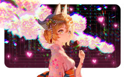 Rule 34 | 1girl, absurdres, bell, blonde hair, branch, breasts, commentary, fingernails, floral print, food, fox mask, from side, hair bell, hair between eyes, hair bun, hair ornament, heart, heart-shaped pupils, highres, holding, holding food, japanese clothes, kimono, long sleeves, looking at viewer, looking away, looking to the side, mask, mask on head, medium breasts, obi, original, outside border, pink kimono, ribbon, rounded corners, sash, short hair, sidelocks, single hair bun, skewer, solo, symbol-shaped pupils, updo, upper body, wonbin lee, wrist ribbon, yellow eyes, yukata
