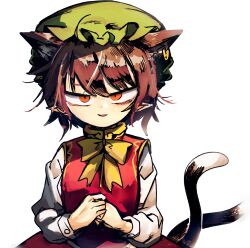 Rule 34 | 1girl, :d, animal ears, bow, bowtie, breasts, brown hair, cat ears, cat tail, chen, commentary request, extra ears, half-closed eyes, hat, highres, long sleeves, looking at viewer, mob cap, multiple tails, nekomata, open mouth, own hands together, parted lips, piaki, pointy ears, red vest, sanpaku, simple background, slit pupils, small breasts, smile, solo, straight-on, tail, touhou, two tails, upper body, vest, white background, yellow bow, yellow bowtie