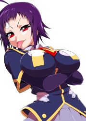 Rule 34 | 1girl, :p, alternate breast size, alternate costume, bandaid, breasts, crossed arms, highres, impossible clothes, impossible shirt, large breasts, mattari yufi, medaka box, naze youka, red eyes, school uniform, shirt, short hair, solo, tongue, tongue out