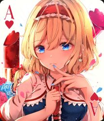 Rule 34 | 2girls, ace (playing card), ace of hearts, alice margatroid, blonde hair, blue eyes, blue nails, blush, bow, breasts, capelet, closed mouth, cosmetics, earrings, fingers together, frilled hairband, frills, hair bow, hairband, hand on own chest, heart, highres, jewelry, lipstick tube, md5 mismatch, medium breasts, mini person, minigirl, multiple girls, nail polish, necktie, peeking, pink lipstick tube, playing card, red bow, red hairband, lipstick tube, red neckwear, resolution mismatch, shanghai doll, shangurira, short hair, source larger, touhou, upper body, white background, white capelet