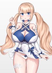 Rule 34 | 1girl, blonde hair, blue eyes, bluerat, breasts, clothes, dress, female focus, gradient background, highres, large breasts, looking at viewer, mabinogi, panties, pointy ears, solo, twintails, underwear, white panties