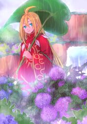 Rule 34 | 1boy, absurdres, ahat (ragnarok online), ahoge, blonde hair, blue eyes, blue flower, closed mouth, colored eyelashes, commentary request, feet out of frame, flower, hair between eyes, highres, holding, holding umbrella, hydrangea, leaf umbrella, long hair, looking at viewer, male focus, manoji, purple flower, ragnarok online, rain, red robe, robe, smile, solo, tree, umbrella, water, waterfall
