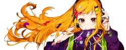 Rule 34 | 1girl, blue nails, braid, brown eyes, coat, hair ornament, hairclip, headphones, highres, jewelry, long hair, looking at viewer, mika pikazo, nail polish, orange hair, original, ring, simple background, smile, solo, white background