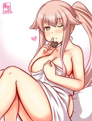 Rule 34 | 1girl, artist logo, bed sheet, blanket, blush, breasts, brown eyes, candy, chocolate, chocolate heart, collarbone, commentary request, dated, food, hair flaps, heart, heart-shaped pupils, holding, holding chocolate, holding food, kanon (kurogane knights), kantai collection, large breasts, long hair, looking at viewer, naked sheet, one-hour drawing challenge, one eye closed, pink hair, ponytail, solo, symbol-shaped pupils, valentine, very long hair, yura (kancolle)