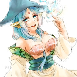 Rule 34 | 1girl, artist request, blue eyes, blue hair, breasts, conch shell, hat, large breasts, long hair, lowres, magi the labyrinth of magic, magic, shell bikini, water, yamuraiha