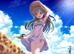 Rule 34 | 1girl, :d, armpits, blue bow, blue sky, bow, breasts, cloud, day, dress, floating hair, flower, frilled dress, frills, from below, green eyes, hat, holding, idolmaster, idolmaster cinderella girls, idolmaster cinderella girls starlight stage, kobayakawa sae, long hair, medium breasts, open mouth, outdoors, rainbow, silver hair, sky, sleeveless, sleeveless dress, smile, solo, sparkle, standing, strapless, strapless dress, sun hat, sundress, sunflower, sunlight, sutoroa, very long hair, white dress, yellow flower