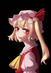 Rule 34 | 1girl, ascot, black background, blonde hair, earrings, fine art parody, flandre scarlet, girl with a pearl earring, hat, highres, inose (murphy), jewelry, long hair, looking at viewer, mob cap, parody, parted lips, red eyes, side ponytail, touhou, yellow ascot