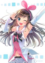 Rule 34 | 1girl, 496mm, ;d, arm up, armpits, blush, bow, bowtie, brown hair, collarbone, detached sleeves, floating hair, green eyes, hairband, highres, kizuna ai, kizuna ai inc., long hair, long sleeves, looking at viewer, midriff, miniskirt, multicolored hair, navel, one eye closed, open mouth, pink hair, pink hairband, sailor collar, skirt, sleeves past wrists, smile, solo, standing, stomach, streaked hair, striped bow, striped bowtie, striped clothes, twitter username, very long hair, virtual youtuber, white sailor collar, white skirt, white sleeves
