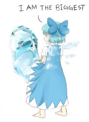 Rule 34 | 1girl, 4chan, barefoot, blue eyes, blue hair, bow, cirno, drawfag, english text, from behind, hair bow, ice, matching hair/eyes, penis, phallic symbol, sexually suggestive, short hair, simple background, solo, standing, touhou, white background, wings, yousei daisensou