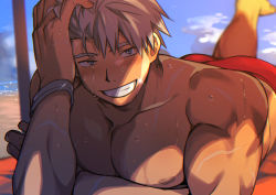 Rule 34 | 1boy, bad id, bad pixiv id, bara, blush, green eyes, grey hair, highres, large pectorals, male focus, male swimwear, muscular, nipples, original, pectorals, red male swimwear, red swim briefs, sagami jon, scar, short hair, smile, solo, swim briefs, swimsuit, toned, toned male, topless male, under umbrella, wet