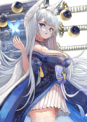 Rule 34 | 1girl, animal ears, azur lane, blue eyes, breasts, cleavage, commentary, highres, japanese clothes, kimono, large breasts, long hair, mg42cat-k1ng, miniskirt, moon phases, multiple swords, off shoulder, pleated skirt, purple kimono, sheath, sheathed, shinano (azur lane), simple background, skirt, skirt under kimono, solo, thighhighs, very long hair, white background, white hair, white skirt, white thighhighs, wide sleeves, aged down, zettai ryouiki