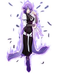 Rule 34 | 1girl, black dress, black feathers, boots, breasts, dress, feathers, full body, glasses, grey eyes, grin, hair over one eye, holding, holding weapon, indicus, log horizon, long dress, looking at viewer, medium breasts, official art, purple footwear, purple hair, rimless eyewear, short hair, smile, solo, standing, transparent background, weapon