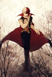 Rule 34 | 1boy, artist name, belt, black cape, black pants, boku no hero academia, boots, branch, brown footwear, burn scar, cape, commentary, english commentary, full body, gloves, highres, knee boots, long sleeves, looking at viewer, male focus, multicolored hair, outdoors, pants, red belt, red cape, red hair, ryo (piggerworld), scar, shirt, short hair, solo, standing, todoroki shouto, tree, two-tone hair, vampire costume, white gloves, white hair, white shirt