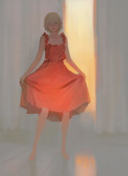 Rule 34 | 1girl, blonde hair, closed mouth, crossdressing, curtains, curtsey, dress, frilled straps, full body, head tilt, huangdanlan, indoors, looking at viewer, male focus, original, red dress, reflection, short hair, smile, solo, standing, sunlight, window