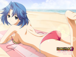 Rule 34 | 1girl, ass, back, bare back, bare shoulders, barefoot, beach, bikini, blue eyes, blue hair, breasts, day, feet, female focus, highres, leg up, legs, lens flare, looking back, lying, matching hair/eyes, medium breasts, ogawa hikaru, on stomach, outdoors, short hair, sideboob, smile, solo, swimsuit, thighs, untied, wrestle angels, wrestle angels survivor 2