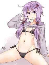 Rule 34 | :o, black bra, black panties, bra, hair ornament, highres, hood, hoodie, inuhachi (inukoro), open mouth, panties, purple eyes, purple hair, simple background, underwear, white background, yuzuki yukari