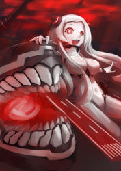 Rule 34 | 10s, 1girl, abyssal ship, airfield princess, breasts, covered navel, glowing, glowing eyes, horns, kantai collection, large breasts, long hair, monster, multiple girls, open mouth, pale skin, red eyes, ringed eyes, shou (katsudonhitotsu), very long hair, white hair