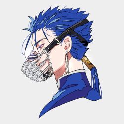 Rule 34 | 1boy, blue hair, blue jacket, commentary request, cropped torso, cu chulainn (fate), fate/stay night, fate (series), grey background, grin, half-closed eyes, jacket, cu chulainn (fate/stay night), long hair, male focus, muzzle, ponytail, portrait, profile, red eyes, sharp teeth, simple background, smile, solo, teeth, tenobe