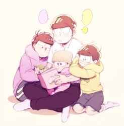 Rule 34 | 10s, 4boys, :3, age difference, aged down, alternate universe, baby, beanie, blank speech bubble, blush, brothers, brown eyes, brown hair, child, food, fruit, glasses, hat, highres, holding own arm, hood, hoodie, indian style, jitome, leaning on person, looking down, male focus, matsuno choromatsu, matsuno ichimatsu, matsuno jyushimatsu, matsuno todomatsu, multiple boys, nyaph, open mouth, osomatsu-kun, osomatsu-san, pants, peach, reading, seiza, shorts, siblings, sitting, sleeves past wrists, smile, socks, speech bubble, track pants