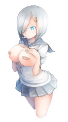 Rule 34 | 10s, 1girl, aqua eyes, bandaid, bandaids on nipples, breasts, breasts out, comah, cowboy shot, female focus, hair ornament, hair over one eye, hairclip, hamakaze (kancolle), hands on own chest, kantai collection, large breasts, microskirt, pasties, pleated skirt, school uniform, serafuku, short hair, short sleeves, simple background, skirt, solo, white background, white hair