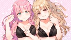 Rule 34 | 2girls, :3, black bow, black bra, blonde hair, blush, bow, bow bra, bra, braid, breasts, character request, cleavage, closed mouth, collarbone, eyebrows, fujigasaki connie, fuzuki fuuro, green eyes, hair between eyes, head tilt, lace, lace-trimmed bra, lace trim, long hair, looking at viewer, medium breasts, multiple girls, official art, olive! believe &quot;olive&quot;?, pink background, pink hair, red eyes, smile, sparkle, underwear, underwear only, upper body, v