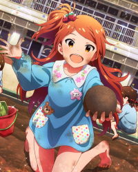 Rule 34 | 10s, 1girl, :d, barefoot, feet, food, food-themed hair ornament, food-themed ornament, fruit, hair ornament, idolmaster, idolmaster million live!, kindergarten uniform, name tag, official art, one side up, ogami tamaki, open mouth, orange eyes, orange hair, red hair, smile, solo focus, strawberry, strawberry hair ornament