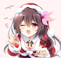 Rule 34 | 10s, 1girl, ;o, bent over, black ribbon, breasts, brown hair, cake, christmas, cleavage, crescent, downblouse, dress, eyelashes, feeding, fingernails, food, fork, fruit, fur trim, hair between eyes, hair ornament, hard-translated, hat, heart, holding, holding fork, holding plate, kantai collection, kisaragi (kancolle), long hair, long sleeves, looking at viewer, neck ribbon, one eye closed, open mouth, plate, pom pom (clothes), pov feeding, purple eyes, red dress, red hat, ribbon, santa costume, santa hat, simple background, small breasts, solo, sparkle, strawberry, suzui narumi, third-party edit, translated