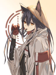 Rule 34 | 1girl, animal ears, arknights, biting hair, black gloves, black hair, closed mouth, elbow gloves, from side, fur trim, gloves, green eyes, hair between eyes, hand up, highres, holding, holding hair, id card, jacket, kawausoman, long hair, long sleeves, looking at viewer, looking to the side, messy hair, official alternate costume, open clothes, open jacket, sidelocks, simple background, solo, texas (arknights), texas (winter messenger) (arknights), upper body, white jacket, wide sleeves, wolf ears, wrist cuffs