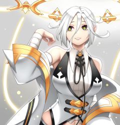 Rule 34 | 1girl, bare shoulders, breasts, collared shirt, dragalia lost, halo, large breasts, looking to the side, medium hair, nurufufufu, power symbol-shaped pupils, sandalphon (dragalia lost), shirt, smile, symbol-shaped pupils, upper body, white hair