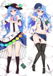 Rule 34 | 1girl, alternate costume, anklet, armband, bad id, bad pixiv id, bikini, blue hair, blush, cuffs, dakimakura (medium), female focus, food, fruit, full body, gloves, handcuffs, hat, highres, hinanawi tenshi, jewelry, kneehighs, long hair, lying, multiple views, necktie, no shoes, on back, open clothes, open mouth, open shirt, panties, peach, salute, shirt, short sleeves, side-tie bikini bottom, side-tie panties, smile, socks, swimsuit, thighhighs, touhou, transparent background, tsumidango, underwear, weapon