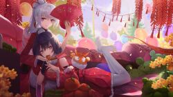 Rule 34 | 2023, 2girls, absurdres, ahoge, apple, balloon, bare shoulders, blue eyes, blue sky, bronya zaychik, cabbage, china dress, chinese clothes, chinese new year, closed mouth, cookie, dress, fireworks, flower, food, food in mouth, fruit, full body, hair ornament, hand fan, highres, holding, holding fan, homu (honkai impact), honkai (series), honkai impact 3rd, kiana kaslana, legs up, long hair, long sleeves, lying, multiple girls, no shoes, on stomach, pantyhose, ponytail, purple eyes, purple hair, raiden mei, red dress, red sleeves, second-party source, seele vollerei, sky, smile, soles, turbulence, white hair, white pantyhose, yellow flower