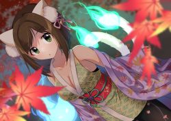 Rule 34 | 1girl, :o, animal ear fluff, animal ears, blurry, blurry background, blurry foreground, breasts, brown hair, cat ears, cat girl, cat tail, cleavage, collarbone, commentary request, cowboy shot, depth of field, dutch angle, fire, green eyes, green fire, highres, hitodama, idolmaster, idolmaster cinderella girls, japanese clothes, kimono, leaf, leaf print, long sleeves, looking at viewer, maekawa miku, maple leaf, maple leaf print, medium breasts, multiple tails, nekomata, obi, parted lips, sash, short hair, sidelocks, sleeveless, sleeveless kimono, solo, swepot, tail, traditional youkai, two tails, wide sleeves