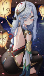 Rule 34 | 1girl, absurdres, ass, back, backless outfit, black bodysuit, blue eyes, blush, bodysuit, braid, clothing cutout, commentary, feet out of frame, floating, floating object, from behind, genshin impact, gold trim, grey hair, hair ornament, highres, hip vent, hsxxx, lantern, long hair, looking at viewer, looking back, low-braided long hair, low-tied long hair, parted lips, petals, ripples, shenhe (genshin impact), shoulder cutout, sitting, soaking feet, solo, tassel, water