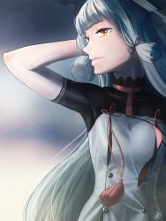 Rule 34 | 10s, 1girl, amino (tn7135), arm behind head, bad id, bad pixiv id, blunt bangs, bodysuit, breasts, gloves, gradient background, hair ribbon, hand in own hair, headgear, kantai collection, long hair, looking to the side, murakumo (kancolle), necktie, orange eyes, ribbon, signature, silver hair, skindentation, small breasts, smile, solo, tassel, taut clothes, tress ribbon, upper body, wind
