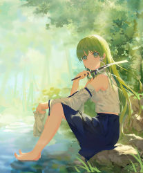 Rule 34 | 1girl, :|, bare shoulders, barefoot, blue skirt, closed mouth, detached sleeves, dorsiflexion, expressionless, forest, from side, full body, gohei, grass, green eyes, green hair, hair ornament, hair tubes, highres, holding, holding clothes, holding legwear, jessicaxx, knees up, kochiya sanae, leaf, unworn legwear, long hair, looking at viewer, looking to the side, nature, on ground, outdoors, pond, rock, shirt, single sidelock, sitting, skirt, snake, snake hair ornament, soaking feet, socks, solo, symbol-only commentary, toes, touhou, tree, water, white shirt, white socks, wide sleeves
