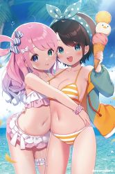 Rule 34 | 2girls, :d, :p, ahoge, bikini, blue eyes, bow hairband, breasts, bridal garter, brown hair, candy hair ornament, cleavage, flat chest, food, food-themed hair ornament, frilled bikini, frills, green eyes, hair ornament, hair rings, hairband, heterochromia, himemori luna, holding, holding food, hololive, ice cream, ice cream cone, jacket, large breasts, long hair, long sleeves, medium breasts, multiple girls, navel, nyasunyadoora, one side up, oozora subaru, oozora subaru (hololive summer 2019), open clothes, open jacket, open mouth, pink bikini, pink hair, puffy long sleeves, puffy sleeves, short hair, smile, stomach, striped bikini, striped clothes, swimsuit, tongue, tongue out, virtual youtuber, white bikini, wrist cuffs