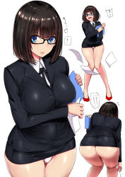 Rule 34 | !, 1girl, ass, bent over, black-framed eyewear, black hair, blue eyes, blush, breasts, business suit, commentary request, formal, glasses, highres, ishimiso (ishimura), large breasts, lips, long sleeves, looking at viewer, microskirt, multiple views, office lady, open mouth, original, panties, pencil skirt, pink panties, shiny skin, short hair, simple background, skirt, skirt suit, standing, suit, underwear, white background, white panties