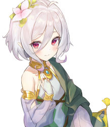 Rule 34 | 1girl, absurdres, bare shoulders, blush, bridal gauntlets, closed mouth, detached sleeves, flower, hair between eyes, hair flower, hair ornament, hand up, highres, kokkoro (princess connect!), looking at viewer, mint (psmin30), pointy ears, princess connect!, red eyes, see-through, see-through sleeves, short hair, simple background, smile, solo, white background