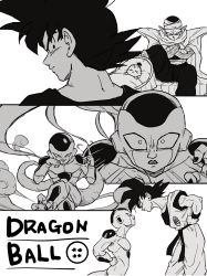 Rule 34 | 1girl, 3boys, baby, black eyes, black hair, cape, comic, copyright name, crossed arms, dougi, dragon ball, dragon ball (object), dragon ball z fukkatsu no f, dragonball z, eye contact, fighting stance, frieza, grandfather and granddaughter, greyscale, hand on own hip, highres, looking at another, looking at viewer, looking back, monochrome, multiple boys, pan (dragon ball), piccolo, serious, simple background, sleeping, smile, son goku, tkgsize, turban, white background, wristband