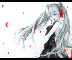 Rule 34 | 1girl, bad id, bad pixiv id, blue eyes, dress, hatsune miku, highres, letterboxed, long hair, nail polish, pale skin, petals, solo, tsurime, twintails, vocaloid, white background, yukihama