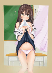 Rule 34 | 1girl, ahoge, bare shoulders, blurry, blurry background, blush, bow, bow panties, bra, breasts, brown eyes, brown hair, chalkboard, classroom, clothes lift, commentary request, cowboy shot, curtains, desk, gluteal fold, hands up, highres, indoors, lifting own clothes, long hair, looking at viewer, miyuki (yxbt7), mouth hold, navel, off-shoulder shirt, off shoulder, original, outside border, panties, pink bra, pink panties, pleated skirt, school desk, school uniform, serafuku, shirt, side-tie panties, skirt, skirt lift, small breasts, smile, solo, stomach, strap slip, striped bra, striped clothes, striped panties, thigh gap, underwear, white shirt