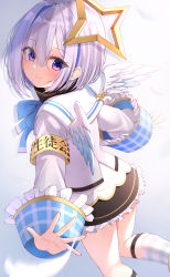 Rule 34 | 1girl, absurdres, amane kanata, amane kanata (1st costume), armband, black skirt, blue bow, blue hair, blush, bob cut, bow, closed mouth, commentary request, eyes visible through hair, feathered wings, frilled skirt, frills, from behind, gradient background, grey background, hair over one eye, halo, highres, hololive, jacket, long sleeves, looking at viewer, looking back, mini wings, multicolored hair, outstretched arms, plaid, plaid legwear, purple eyes, sailor collar, silver hair, single hair intake, skirt, smile, socks, solo, standing, standing on one leg, star halo, two-tone hair, virtual youtuber, white background, white jacket, white sailor collar, white wings, wings, xue lu
